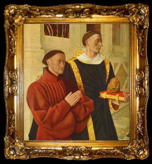 framed  Jean Fouquet left wing of Melun diptych depicts Etienne Chevalier with his patron saint St. Stephen, ta009-2